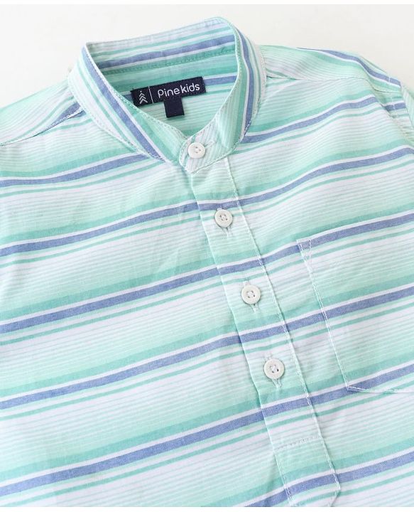 Pine Kids 100% Cotton Full Sleeves Front Half Placket Buttons Striped Shirt - Green