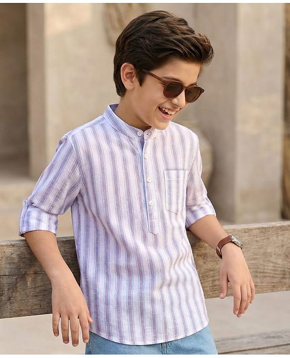 Pine Kids 100% Cotton Full Sleeves Front Half Placket Buttons Striped Shirt - White