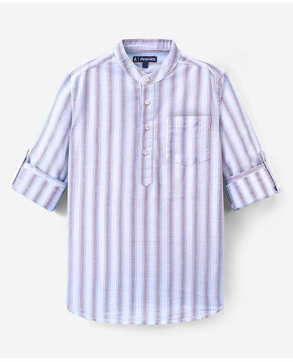 Pine Kids 100% Cotton Full Sleeves Front Half Placket Buttons Striped Shirt - White