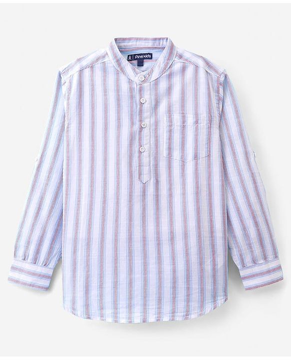 Pine Kids 100% Cotton Full Sleeves Front Half Placket Buttons Striped Shirt - White