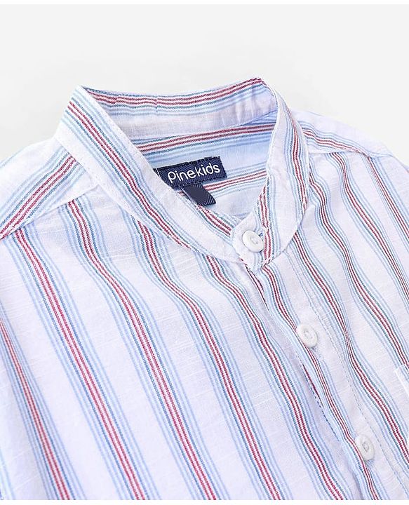 Pine Kids 100% Cotton Full Sleeves Front Half Placket Buttons Striped Shirt - White