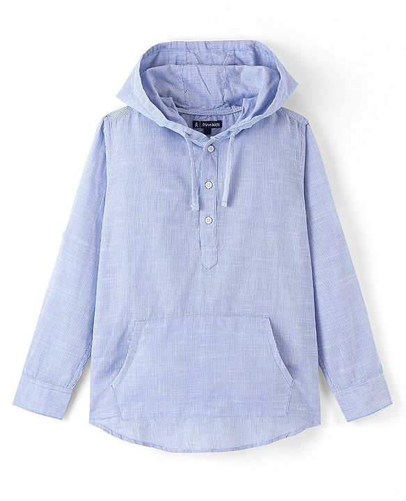 Pine Kids 100% Cotton Woven Full Sleeves Striped Hooded Shirt with Utility Pocket - Blue