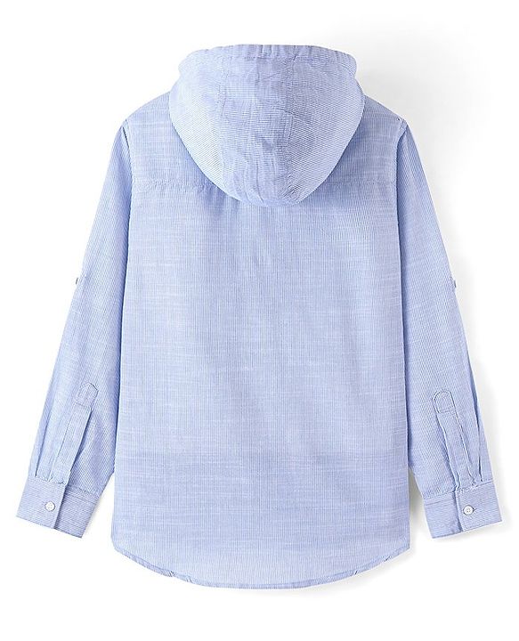 Pine Kids 100% Cotton Woven Full Sleeves Striped Hooded Shirt with Utility Pocket - Blue