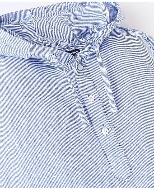 Pine Kids 100% Cotton Woven Full Sleeves Striped Hooded Shirt with Utility Pocket - Blue