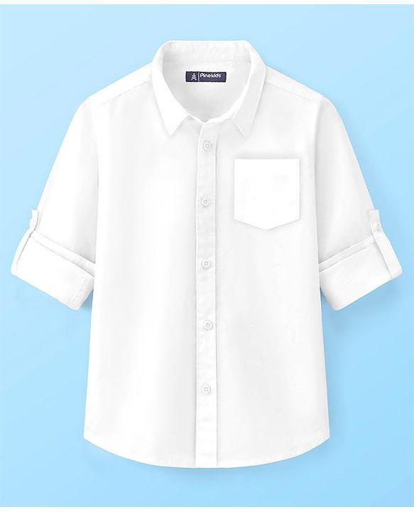 Pine Kids Cotton Woven Full Sleeves Front Open with Roll up Sleeves Solid Shirt - White