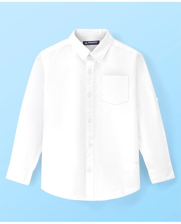 Pine Kids Cotton Woven Full Sleeves Front Open with Roll up Sleeves Solid Shirt - White