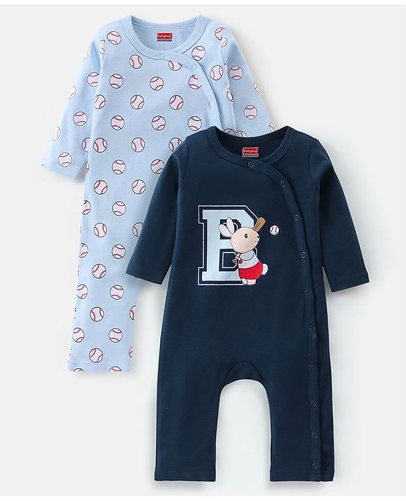 Babyhug 100% Cotton Knit Full Sleeves Romper Base Balls Print Pack of 2 - Navy & Sky Blue
