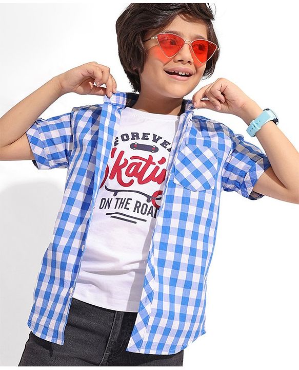 Pine Kids 100% Cotton Half Sleeves Check Shirt with Inner Tee - Blue