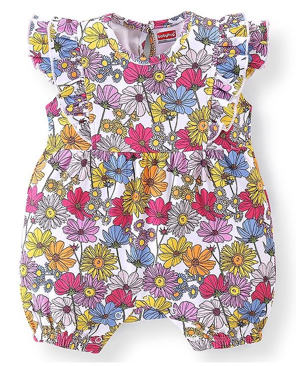 Babyhug 100% Cotton Knit Cap Sleeves Romper With Hairband Floral Print - Pink & Purple