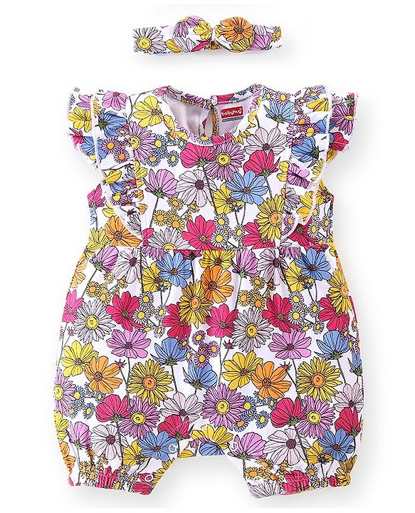 Babyhug 100% Cotton Knit Cap Sleeves Romper With Hairband Floral Print - Pink & Purple