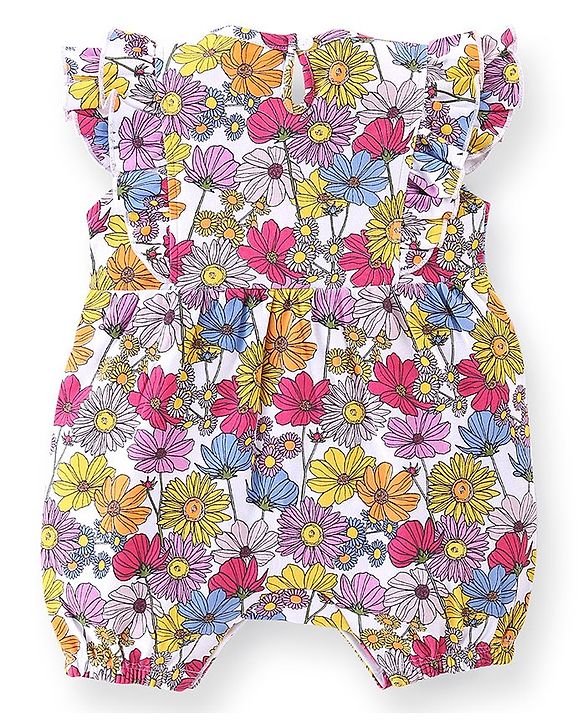 Babyhug 100% Cotton Knit Cap Sleeves Romper With Hairband Floral Print - Pink & Purple