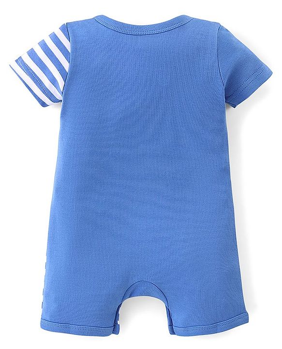 Babyhug 100% Cotton Knit Half Sleeves Romper Stripes & Bird Print - Blue