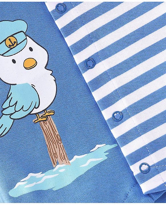 Babyhug 100% Cotton Knit Half Sleeves Romper Stripes & Bird Print - Blue