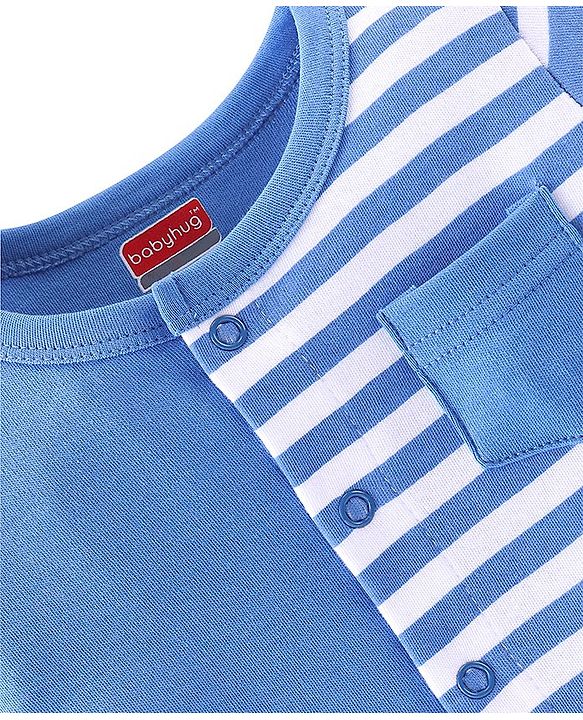 Babyhug 100% Cotton Knit Half Sleeves Romper Stripes & Bird Print - Blue