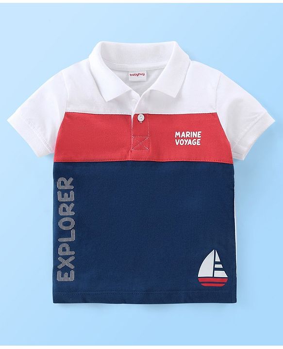 Babyhug 100% Cotton Knit Half Sleeves T-Shirt Text & Boat Print - White & Navy Blue