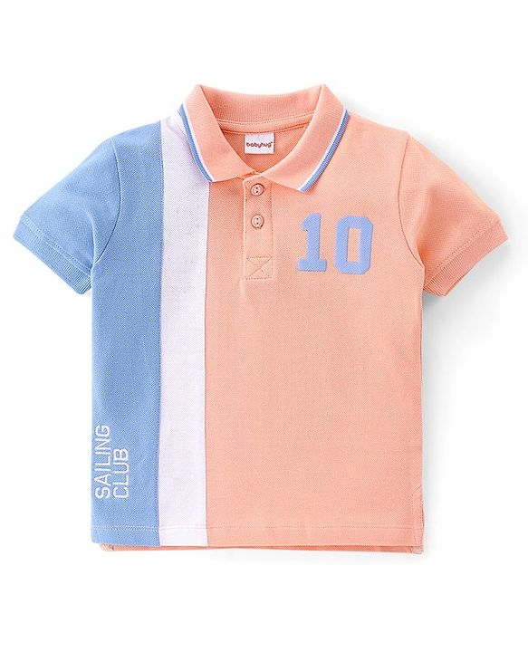Babyhug Cotton Jersey Half Sleeves Cut & Saw Design Polo T-Shirt Number Print - Peach & Blue