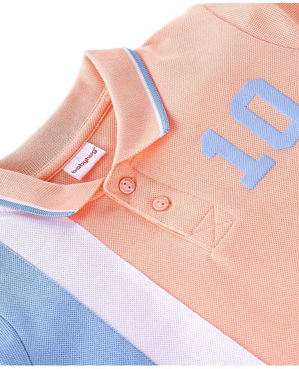Babyhug Cotton Jersey Half Sleeves Cut & Saw Design Polo T-Shirt Number Print - Peach & Blue