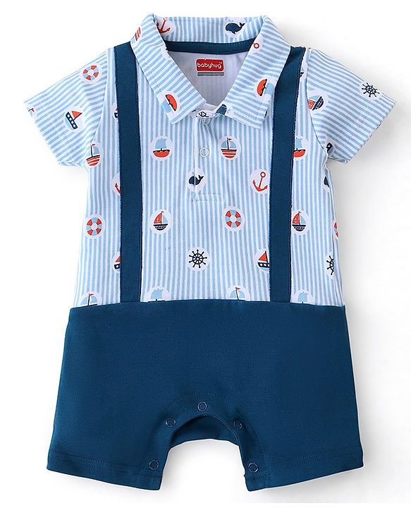 Babyhug 100% Cotton Half Sleeves Striped Romper Boat Print - Navy Blue