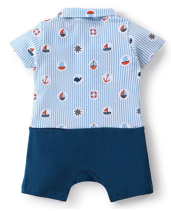 Babyhug 100% Cotton Half Sleeves Striped Romper Boat Print - Navy Blue