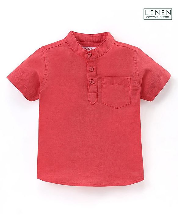 Babyhug Cotton Linen Half Sleeves Solid Kurta Shirt- Coral