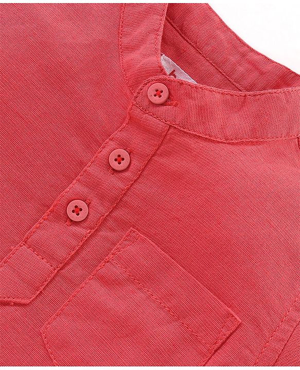 Babyhug Cotton Linen Half Sleeves Solid Kurta Shirt- Coral