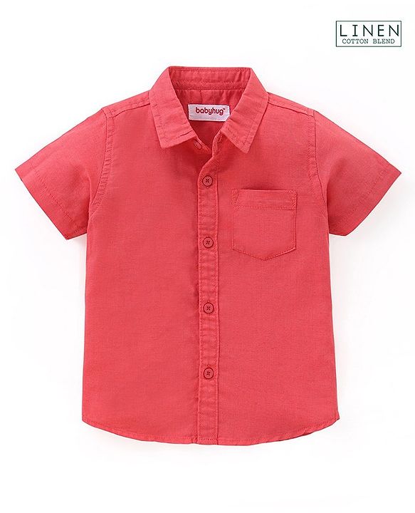 Babyhug Cotton Linen Half Sleeves Solid Color Shirt - Coral