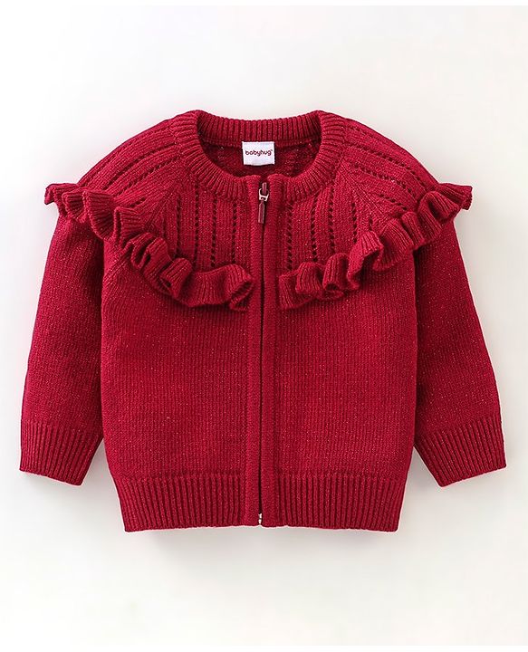 Babyhug Knit Full Sleeves Front Open Sweater with Frill Details - Maroon