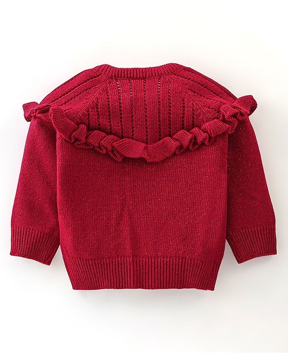 Babyhug Knit Full Sleeves Front Open Sweater with Frill Details - Maroon