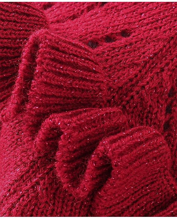 Babyhug Knit Full Sleeves Front Open Sweater with Frill Details - Maroon