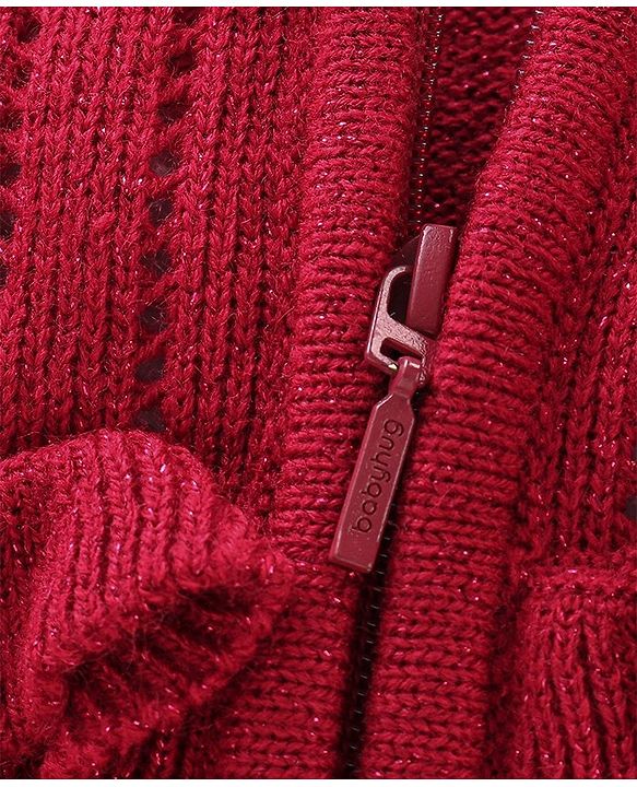 Babyhug Knit Full Sleeves Front Open Sweater with Frill Details - Maroon