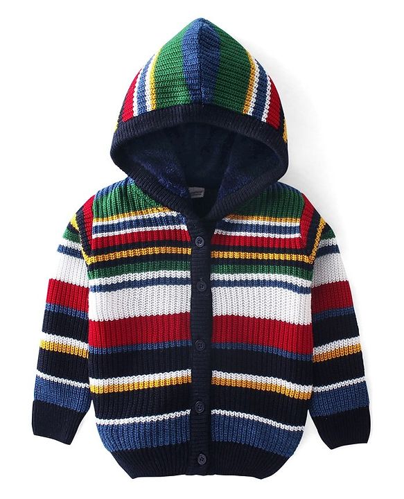 Babyhug Knitted Full Sleeves Front Open Hooded Sweater with Stripes - Multicolour
