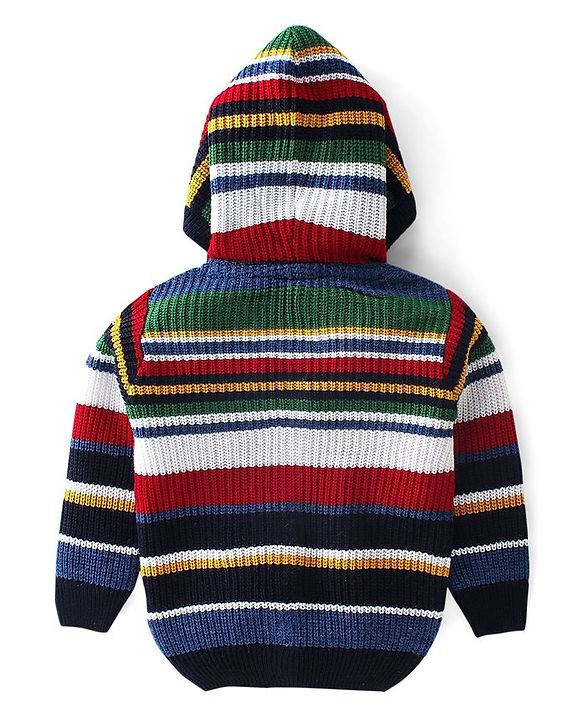 Babyhug Knitted Full Sleeves Front Open Hooded Sweater with Stripes - Multicolour