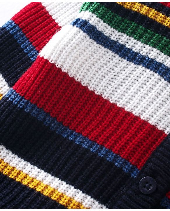 Babyhug Knitted Full Sleeves Front Open Hooded Sweater with Stripes - Multicolour