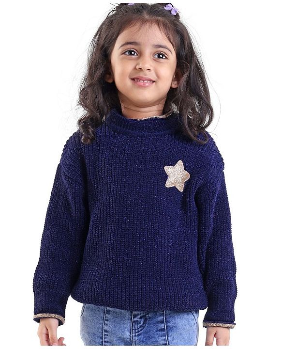 Babyhug Knit Full Sleeves Sweater with Star Design - Navy Blue