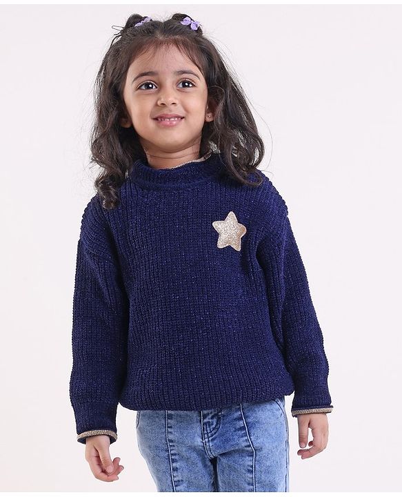 Babyhug Knit Full Sleeves Sweater with Star Design - Navy Blue