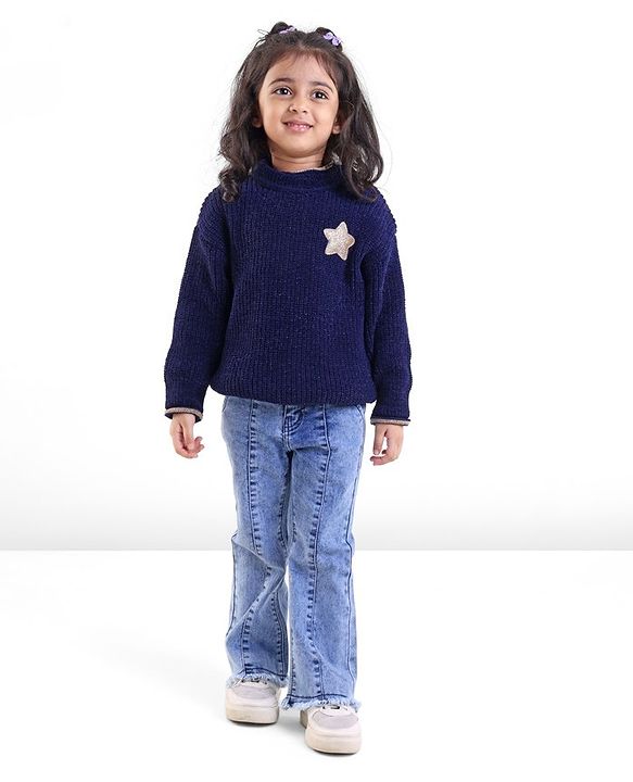 Babyhug Knit Full Sleeves Sweater with Star Design - Navy Blue