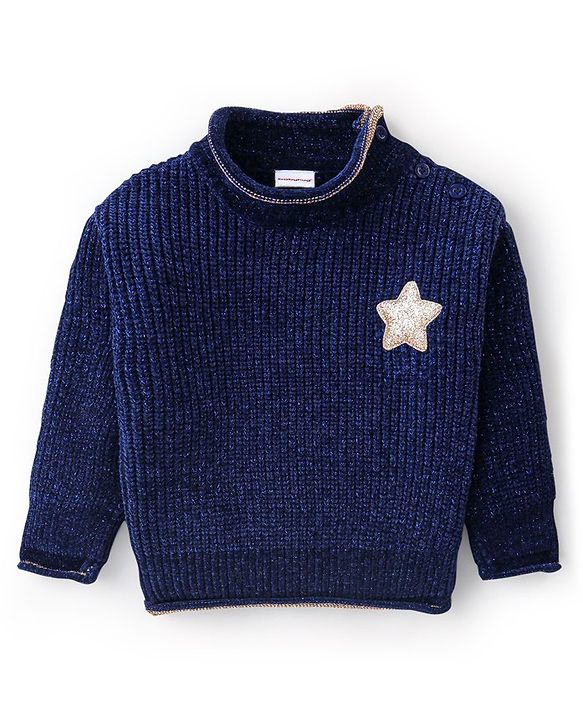 Babyhug Knit Full Sleeves Sweater with Star Design - Navy Blue