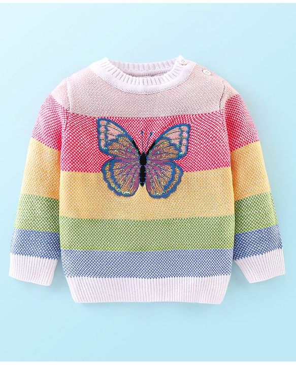 Babyhug Knit Full Sleeves Striped Sweater with Butterfly Design - Multicolour