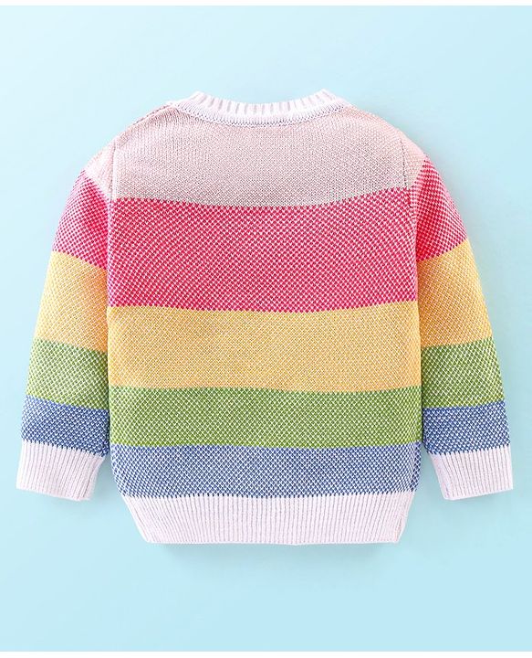 Babyhug Knit Full Sleeves Striped Sweater with Butterfly Design - Multicolour