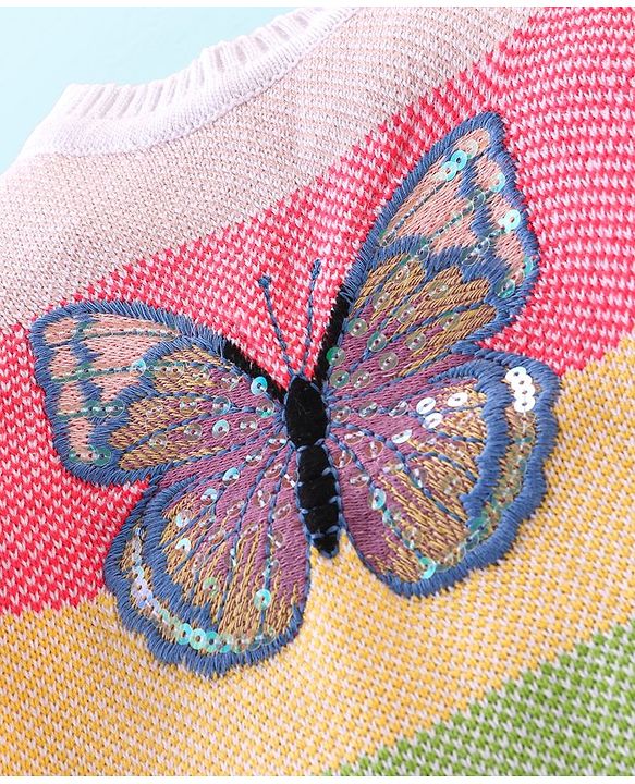 Babyhug Knit Full Sleeves Striped Sweater with Butterfly Design - Multicolour