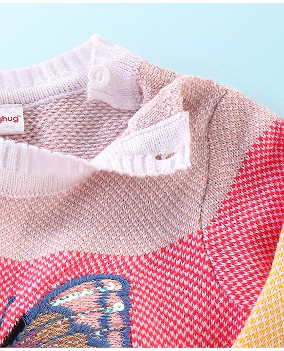Babyhug Knit Full Sleeves Striped Sweater with Butterfly Design - Multicolour