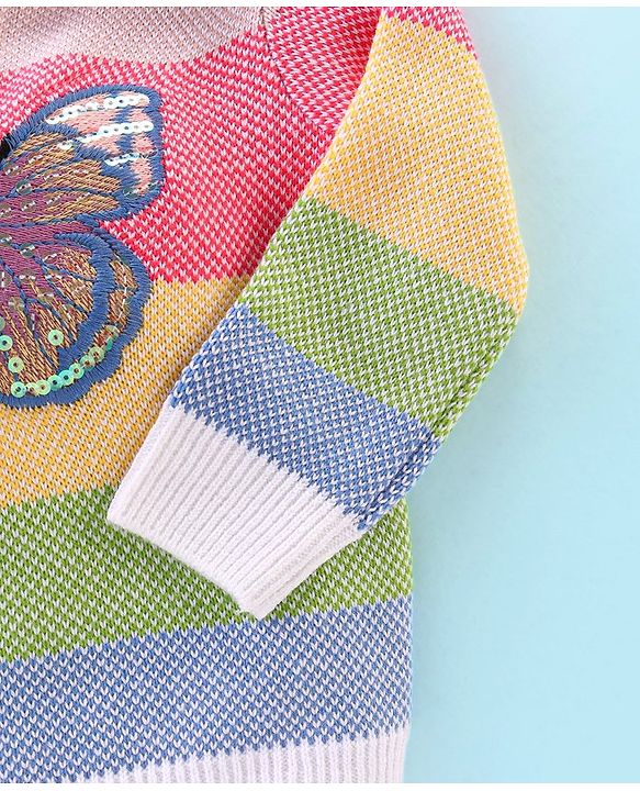 Babyhug Knit Full Sleeves Striped Sweater with Butterfly Design - Multicolour