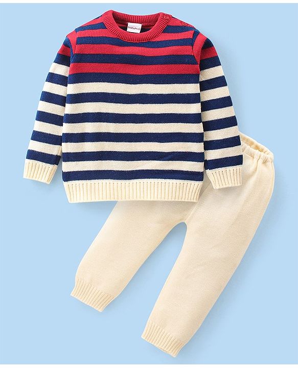 Babyhug Knitted Full Sleeves Striped Sweater Set - Red & Cream