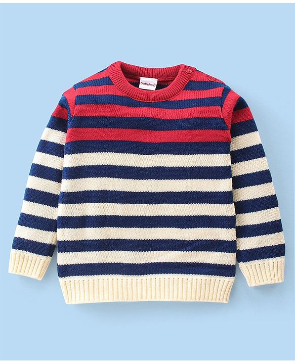 Babyhug Knitted Full Sleeves Striped Sweater Set - Red & Cream