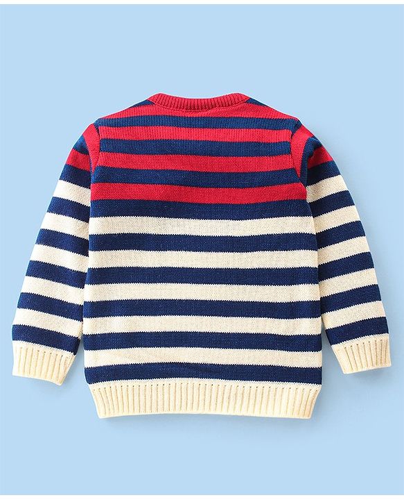 Babyhug Knitted Full Sleeves Striped Sweater Set - Red & Cream