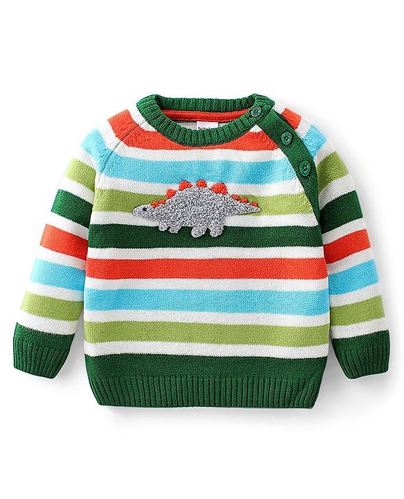Babyhug Full Sleeves Pullover Sweater Striped with Dino Design - Green