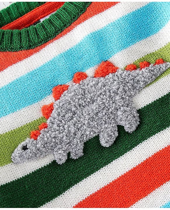 Babyhug Full Sleeves Pullover Sweater Striped with Dino Design - Green
