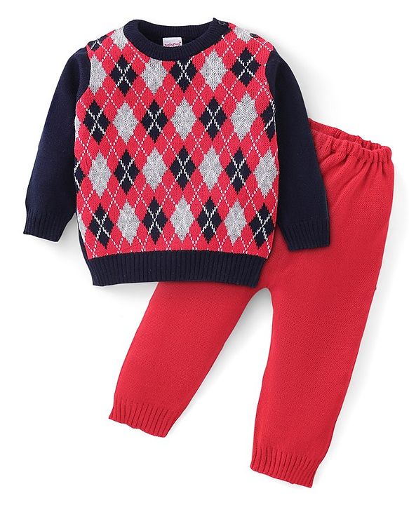 Babyhug Full Sleeves Sweater and Pant Set Intarsia Print - Red & Navy Blue