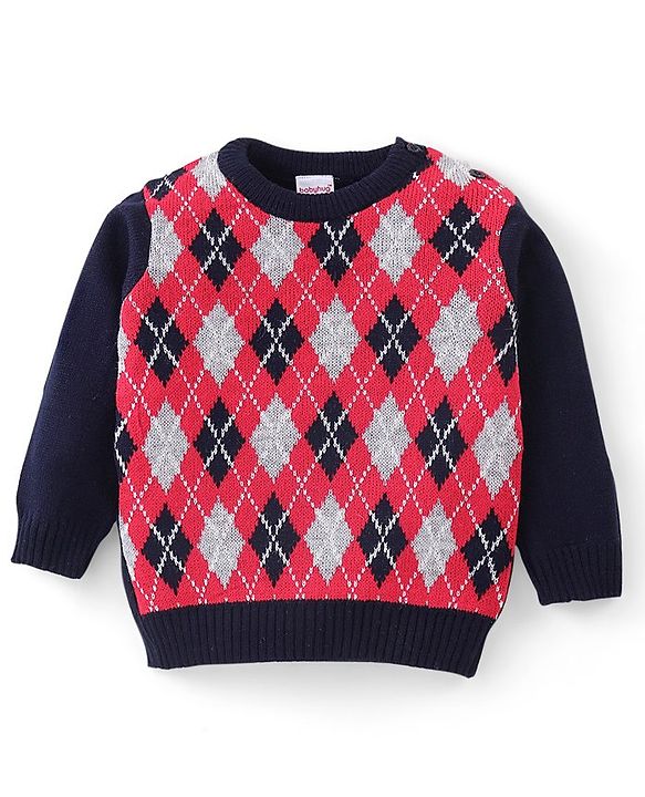 Babyhug Full Sleeves Sweater and Pant Set Intarsia Print - Red & Navy Blue
