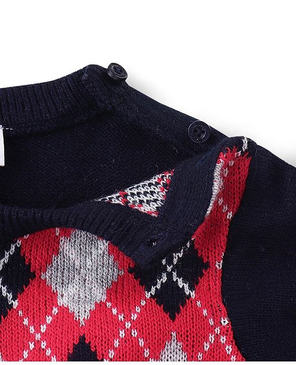 Babyhug Full Sleeves Sweater and Pant Set Intarsia Print - Red & Navy Blue
